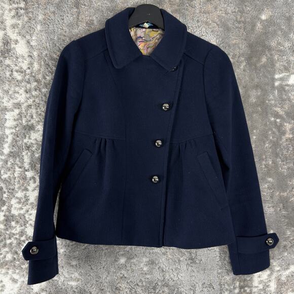 LeifNotes Jackets & Blazers - LeifNotes Size 0 Stretch Outdoor Button Pea Coat Navy Long Sleeve Lined Collar